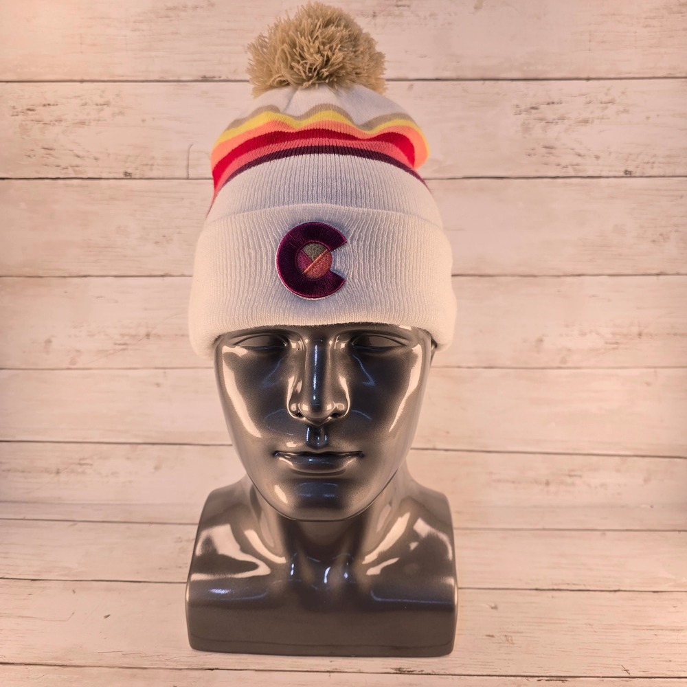 Yo Colorado Beanie Hat White Multi Stripe Pom Pom Cuffed Knit Cap Retro Style